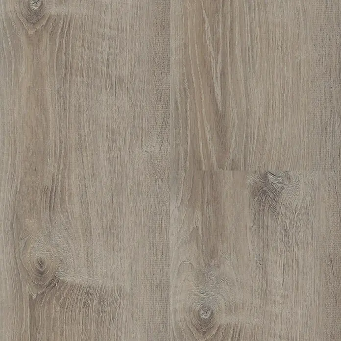 Star Clic Vinylbodenmuster More+ Smoky Oak Pewter - 280 x 160 x 3,9 mm, Landhausdiele - Nahaufnahme eines Holzfußbodens mit Maserung und Astlöchern in verschiedenen Grautönen.