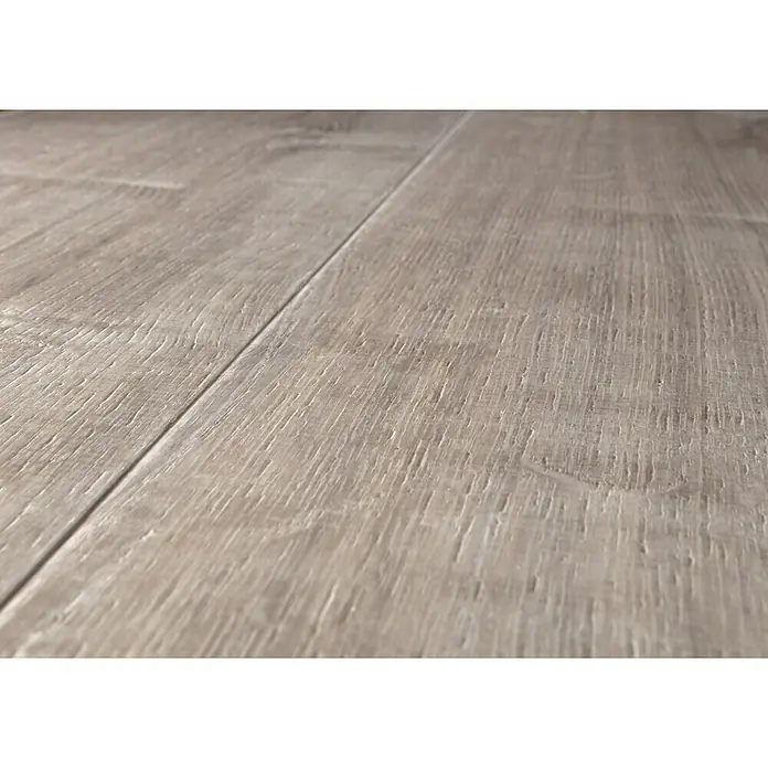 Star Clic Vinylbodenmuster More+ Smoky Oak Pewter - 280 x 160 x 3,9 mm, Landhausdiele - Nahaufnahme eines Laminatbodens in Holzoptik, der die Textur und die Fugen zwischen den Dielen betont. Die Oberfläche ist matt und hell.