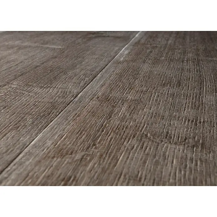 Star Clic Vinylboden More+ - Smoky Oak Grey, Landhausdiele, 1.210 x 220 x 5 mm - Nahaufnahme von Laminatboden in dunkler Holzoptik. Die Textur und Maserung des Laminats sind gut erkennbar.