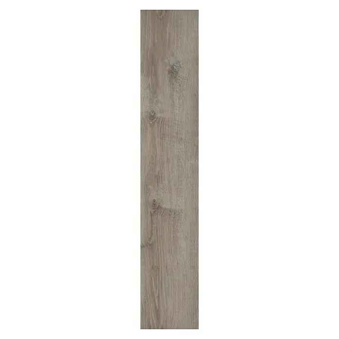 Star Clic Vinylbodenmuster More+ Smoky Oak Pewter - 280 x 160 x 3,9 mm, Landhausdiele - Bild eines einzelnen, länglichen Vinylbodens in Holzdielenoptik mit authentischer Maserung und Astlöchern für ein natürliches Aussehen.