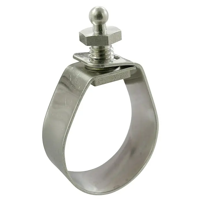 Marinetech Abrazadera para tubo - Para diámetro de tubo: 22 mm, Acero inoxidable, Clase de acero: A2 - Primer plano de una abrazadera de tubo metálica con tornillo, tuerca y rótula sobre fondo negro.