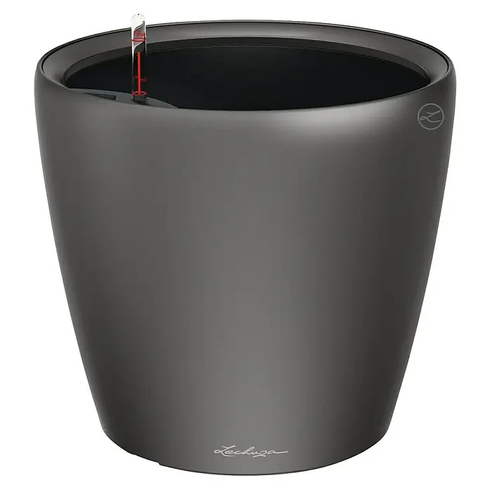 Lechuza Classico Pflanztopf Premium LS - Außenmaß (Ø x H): 36 x 32,5 cm, Kunststoff, Anthrazit Metallic - Bild eines Lechuza Pflanzgefäßes in Anthrazit, ideal für Zimmerpflanzen. Das Gefäß verfügt über ein Bewässerungssystem.