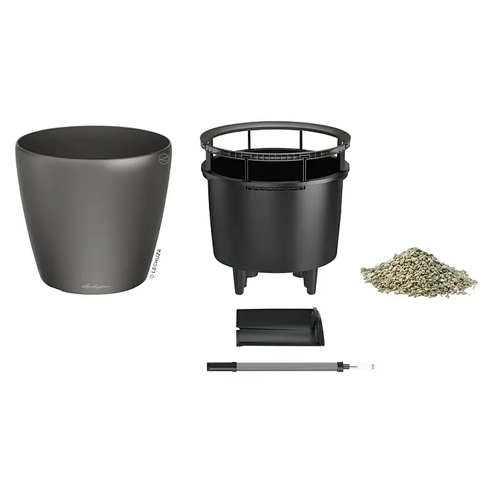 Lechuza Classico Pflanztopf Premium LS - Außenmaß (Ø x H): 36 x 32,5 cm, Kunststoff, Anthrazit Metallic - Einzelteile eines Lechuza Blumentopfes, darunter der Topf selbst, ein Einsatz, Substrat, ein Wasserstandsanzeiger und ein Bewässerungsschacht.