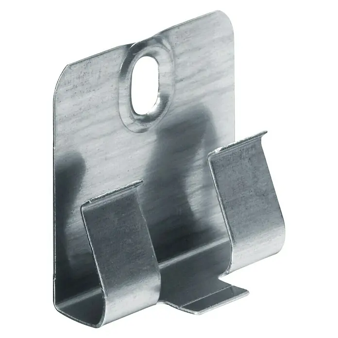 Leistenclip Cubica 60 - 20 Stk. - Nahaufnahme eines metallischen, rechteckigen Montageclips mit zwei U-förmigen Halterungen und einer Aussparung zur Befestigung.