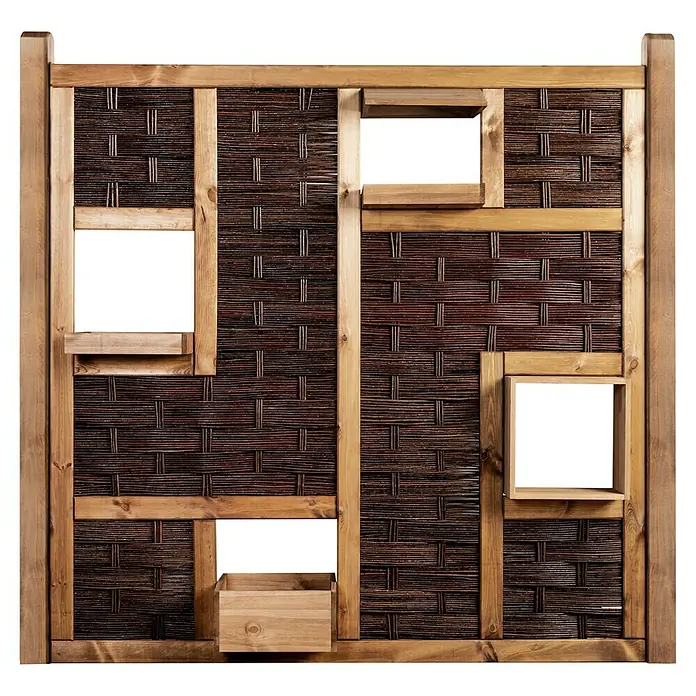 T & J Sichtschutzelement 3D Labo - 180 x 180 cm, 4 Fenster, Naturbelassen, Braun - Ein detailreiches Bild eines dekorativen Weidenwandpaneels mit Holzrahmen und integrierten Kästen, ideal zur Gartengestaltung.