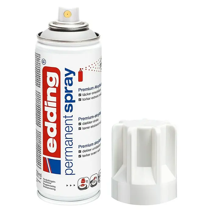 Edding Sprühlack Glänzend - Verkehrsweiß (RAL 9016), Glänzend, 200 ml - Sprühdose Edding Permanent Spray mit abnehmbarer Kappe, ideal zum Lackieren und Markieren verschiedener Oberflächen.