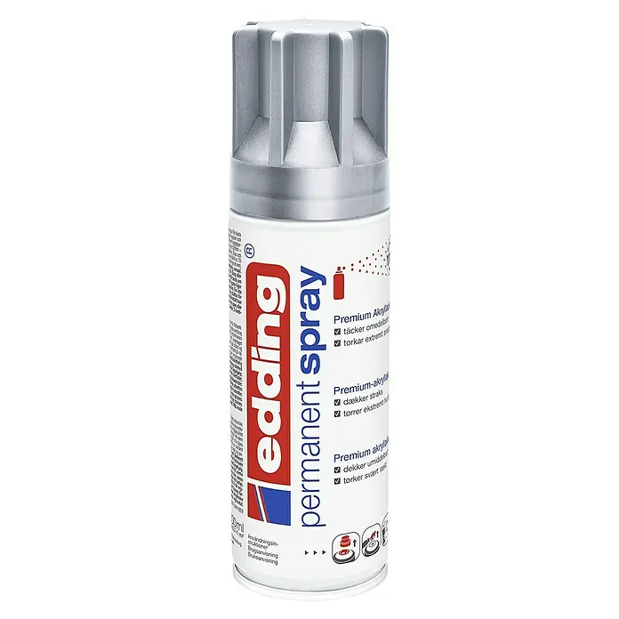 Edding Sprühlack Metallic - Silber, 200 ml - Abbildung einer Edding Premium Acryllackspraydose. Das Spray verspricht dauerhafte Farbe und schnelle Trocknung für vielfältige Anwendungen.
