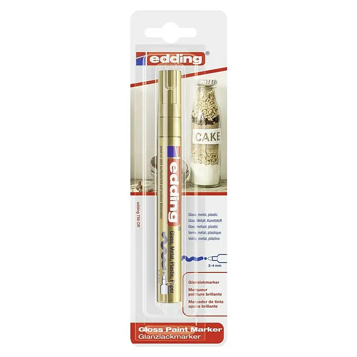 Edding Lackmarker 750 - Strichstärke: 2 mm - 4 mm, Gold - Produktabbildung eines edding 750 CR Glanzlackmarkers in Gold, ideal für Glas, Metall, Kunststoff und Papier.