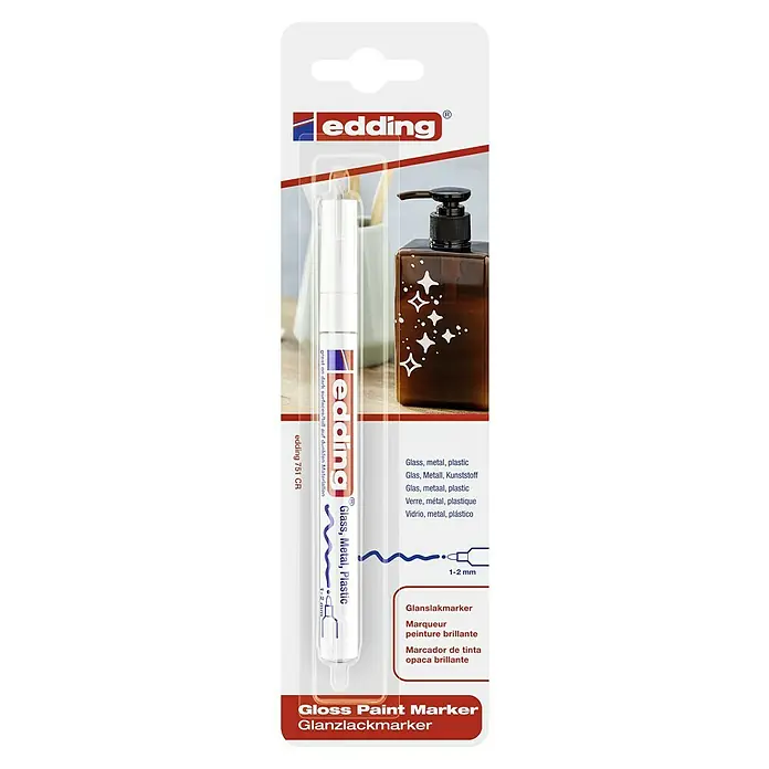 Edding Lackmarker 751 - Weiß, 1 mm - 2 mm - Abbildung eines Edding 751 CR Glanzlackmarkers, geeignet für Glas, Metall und Kunststoff. Ideal zum Beschriften.