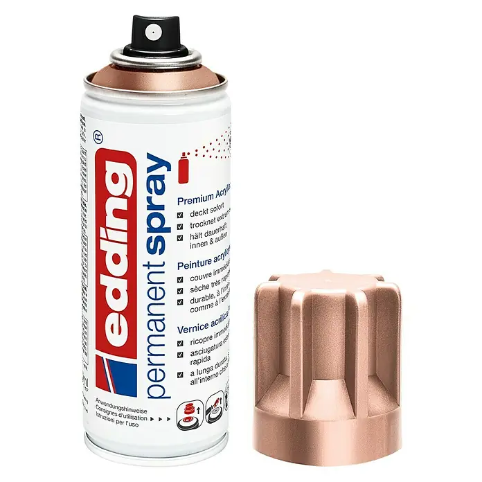 Edding Sprühlack Metallic - Roségold, 200 ml - Dose Edding Permanent Spray Premium Acryl in Kupfer mit abgenommener Kappe, ideal für dauerhafte Innen- und Außenanwendungen.