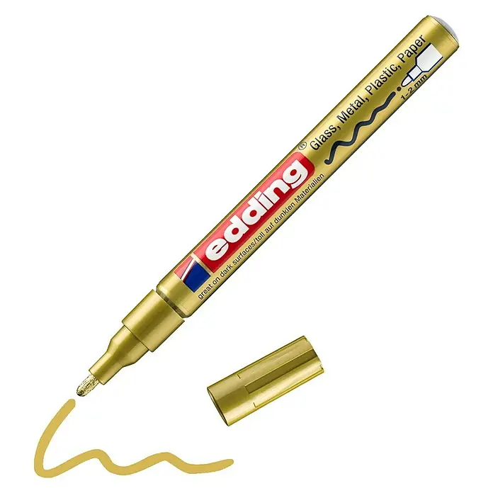 Edding Lackmarker 751 - Gold, 1 mm - 2 mm - Abbildung eines goldenen Edding-Markers mit abgenommener Kappe und einer goldenen Farbspur auf schwarzem Hintergrund.