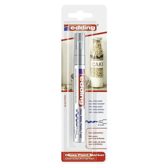 Edding Lackmarker 750 - Strichstärke: 2 mm - 4 mm, Silber - Abbildung eines Edding 750 CR Glanzlackmarkers in Silber, ideal zum Beschriften von Glas, Metall, Kunststoff und Papier.