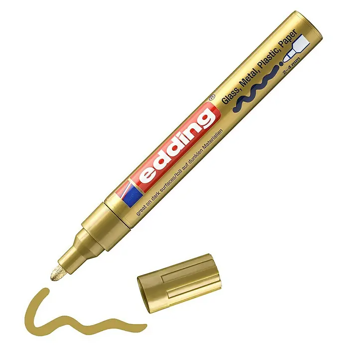 Edding Lackmarker 750 - Strichstärke: 2 mm - 4 mm, Gold - Das Bild zeigt einen goldenen Edding Lackmarker, ideal für Glas, Metall, Kunststoff und Papier, inklusive Kappe und Farbbeispiel.