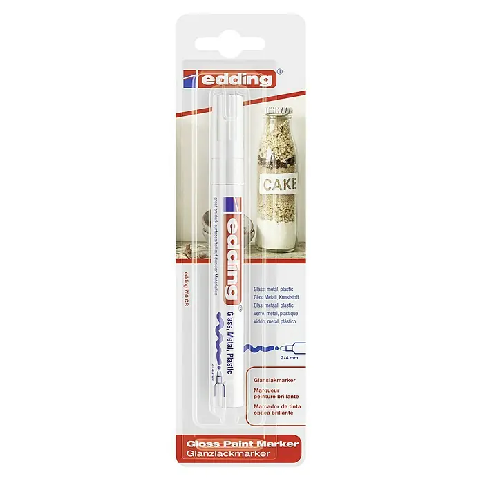 Edding Permanentmarker 750 - Weiß, 2 mm - 4 mm - Verpackung des Edding 750 CR Glanzlackmarkers. Geeignet für Glas, Metall und Kunststoff, mit einer Strichstärke von 2-4 mm.