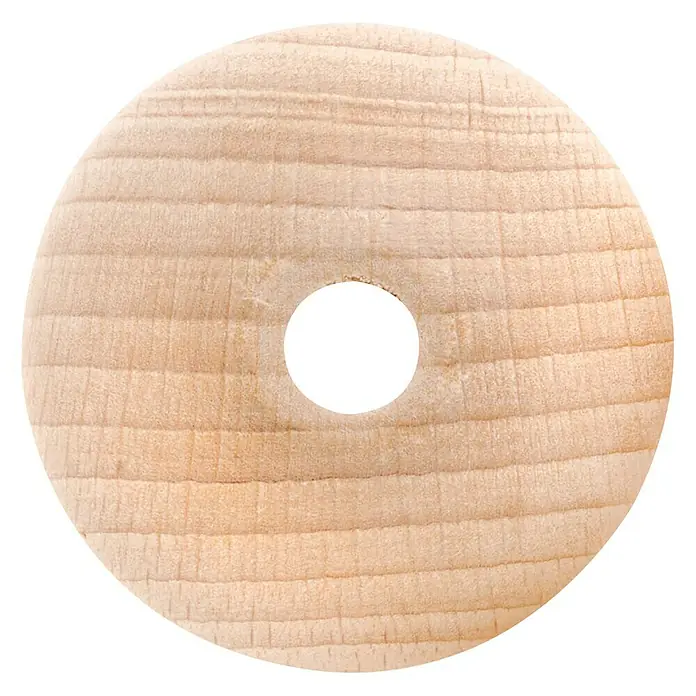 Glorex Rohholzkugel - 30 mm, 6 Stk. - Nahaufnahme eines runden, hölzernen Produktes mit einem Loch in der Mitte, das die natürliche Maserung und Textur des Holzes hervorhebt.