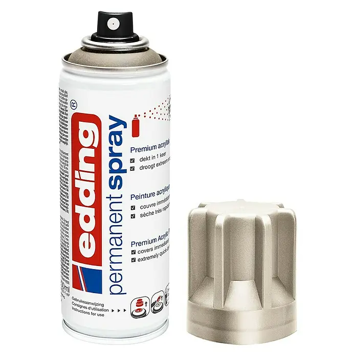 Edding Sprühlack Metallic - Champagnergold, 200 ml - Das Bild zeigt eine Dose Edding Permanent Spray Farbe mit abgenommener Kappe.