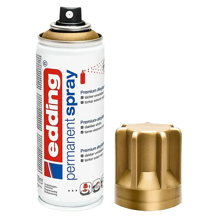 Edding Sprühlack Metallic - Reichgold, 200 ml - Abbildung einer Dose goldener Edding Permanent Sprayfarbe mit abnehmbarer Kappe.