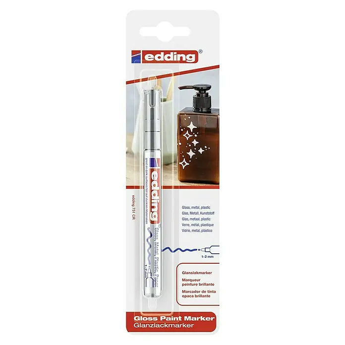 Edding Lackmarker 751 - Silber, 1 mm - 2 mm - Edding 751 CR Glanzlackmarker, geeignet für Glas, Metall, Kunststoff und Papier, mit einer Strichbreite von 1-2 mm für präzise Markierungen.