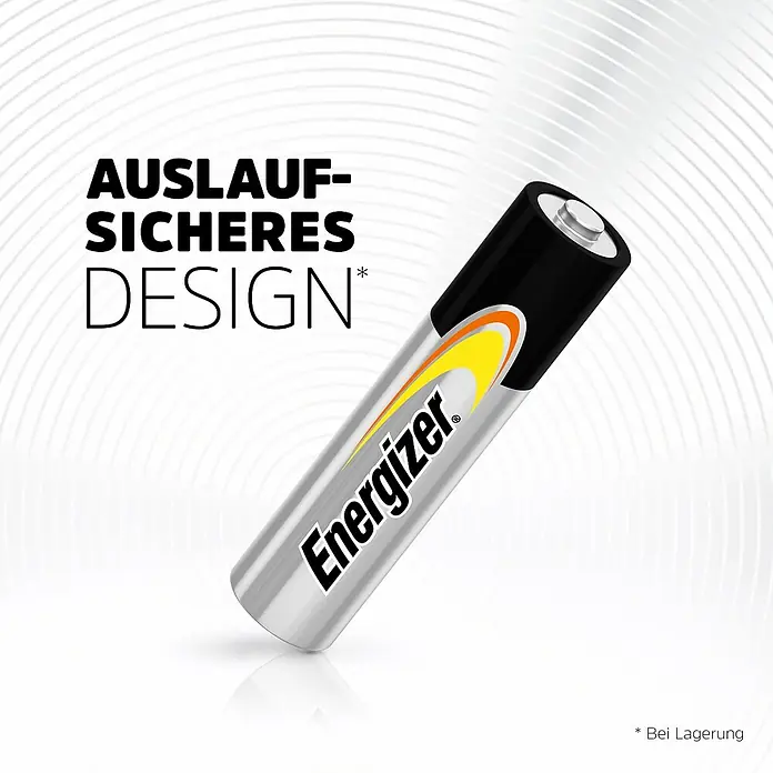 Energizer Alkaline Power Batterie Maxi Pack - Micro AAA, Alkali-Mangan, 1,5 V, 24 Stk. - Das Bild zeigt eine einzelne Energizer-Batterie vor einem weißen Hintergrund. Der Fokus liegt auf dem auslaufsicheren Design der Batterie.