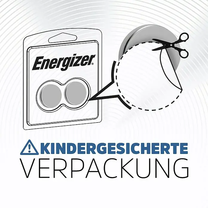 Energizer Knopfzelle - 3 V, Anzahl: 6 Stk. - Illustration einer Energizer-Batterieverpackung, die eine kindersichere Verpackung darstellt, die mit einer Schere geöffnet wird.