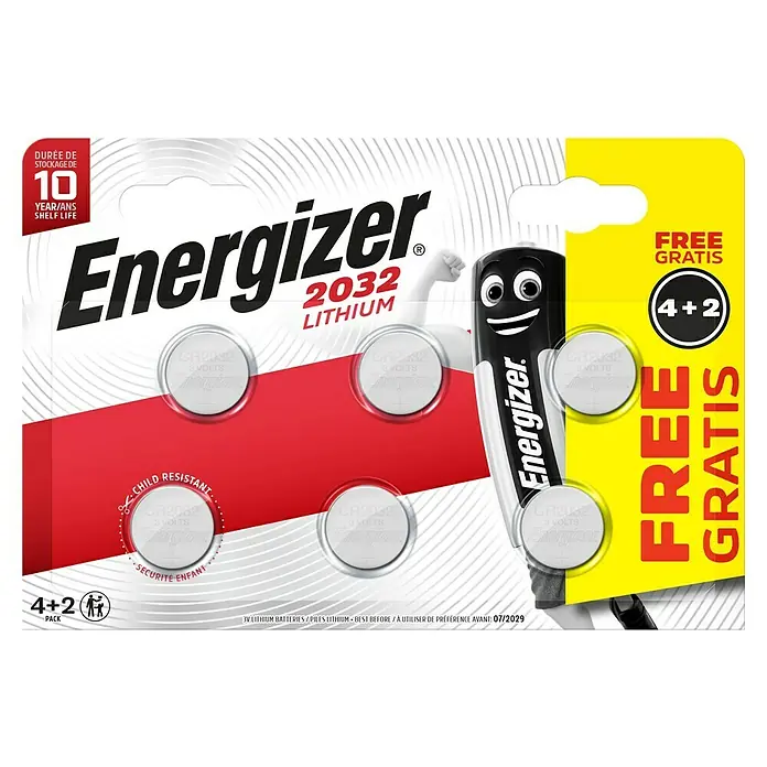 Energizer Knopfzelle - 3 V, Anzahl: 6 Stk. - Abbildung einer Energizer 2032 Lithium-Batterie, 4+2 Packung, mit bis zu 10 Jahren Haltbarkeit, kindersicher und kostenlosen Batterien.