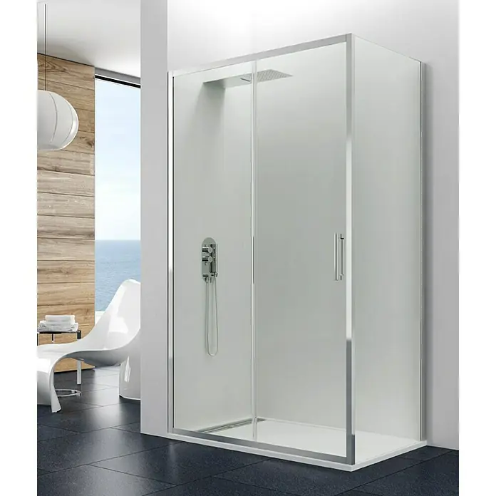 GME Mampara de ducha esquinera Prestige - L x An x Al: 80 x 120 x 195 cm, Plata brillo, Vidrio transparente - Cabina de ducha moderna con puerta corredera y marco plateado, creando un ambiente de baño elegante. El recinto ofrece comodidad y estilo.