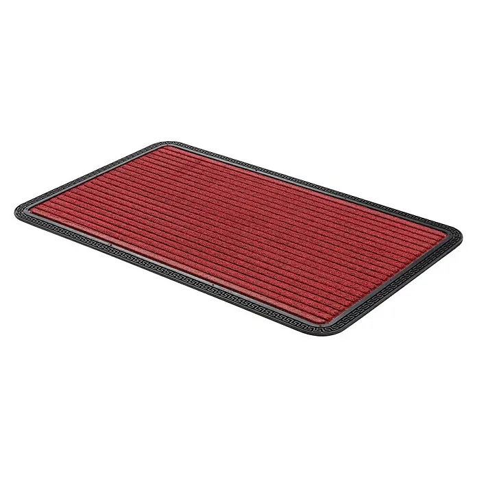 Astra Fußmatte Border Star - Rot, 40 x 60 cm, 70 % Polypropylen, 30 % Gummi - Ein roter Fußabtreter mit einem schwarzen, mäanderförmigen Rand auf einem schwarzen Hintergrund.
