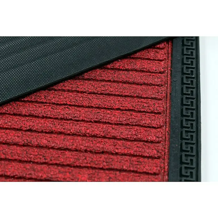 Astra Fußmatte Border Star - Rot, 50 x 80 cm, 70 % Polypropylen, 30 % Gummi - Detailaufnahme einer roten Fußmatte mit schwarzer Gummiunterseite und dekorativem Rand. Ideal für den Eingangsbereich.