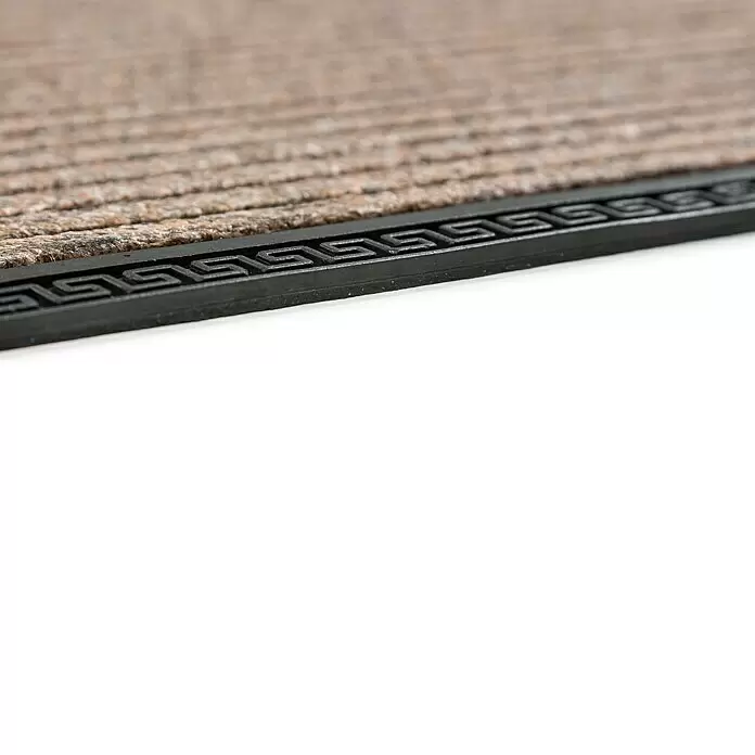 Astra Fußmatte Border Star - Braun, 50 x 80 cm, 70 % Polypropylen, 30 % Gummi - Nahaufnahme einer beige-braunen gerippten Fußmatte mit schwarzem Gummirand und Mäanderbandmuster.