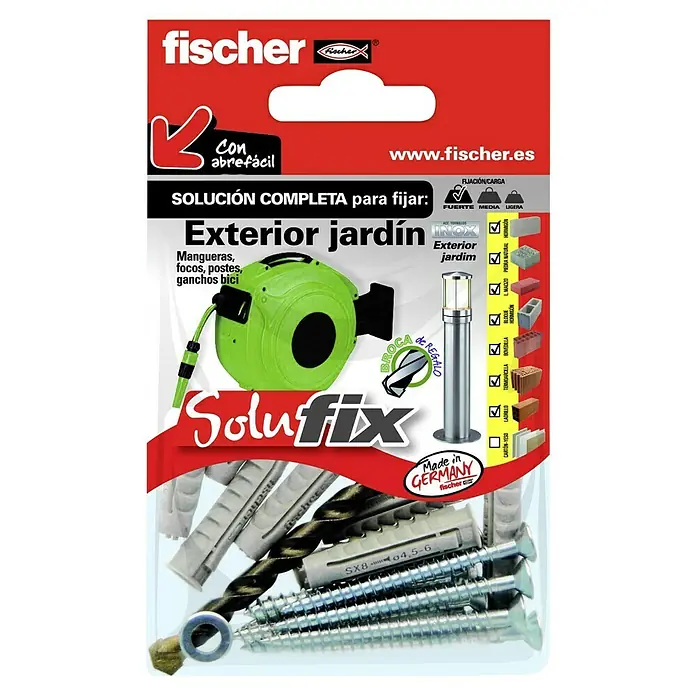 Fischer Solufix Set de fijación para accesorios de jardín - 23 pzs. - Imagen de una solución de fijación exterior Fischer SoluTix, que incluye tacos, tornillos y broca, perfecta para fijaciones de jardín.