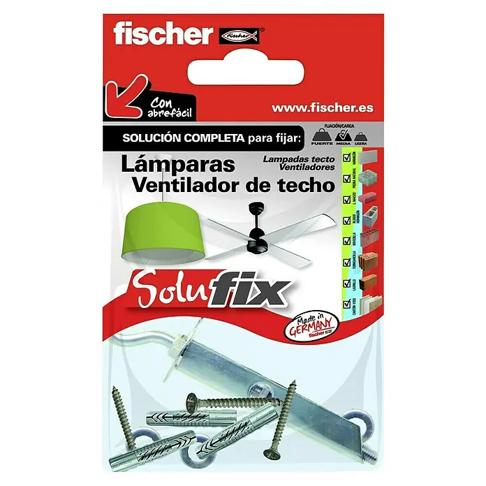 Fischer Solufix Set de fijación - Específico para: Lámparas y ventiladores de techo, 10 pzs. - Paquete de fischer SoluFix para la fijación de lámparas y ventiladores de techo, fabricado en Alemania.