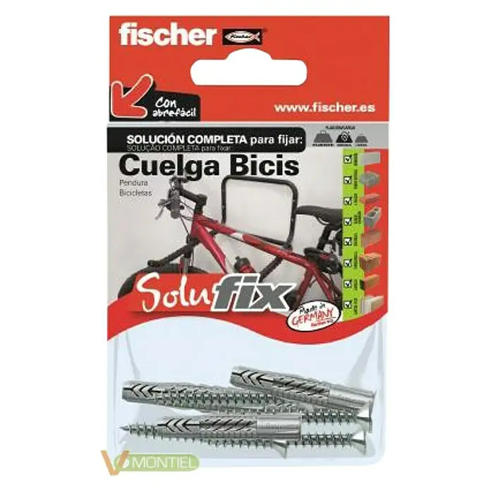 Fischer Solufix Set de fijación - Específico para: Ganchos cuelgabicis, 8 pzs. - Imagen del producto de un colgador de bicicletas Fischer, una solución completa para guardar bicicletas con tornillos y tacos para montaje en pared.