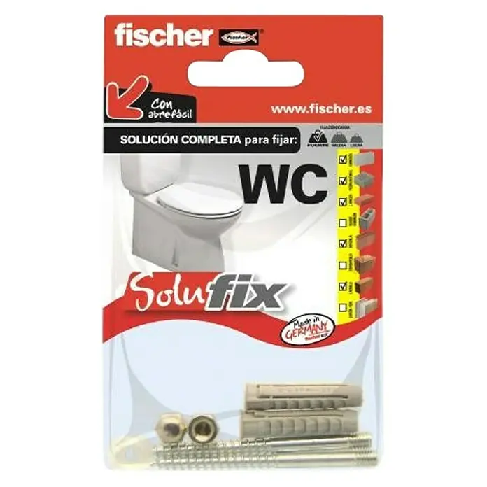 Fischer Solufix Set de fijación - Específico para: Lavabos, 6 pzs. - Imagen del producto de una solución de fijación WC de Fischer, incluyendo tacos, tornillos y accesorios para una instalación segura de WC.