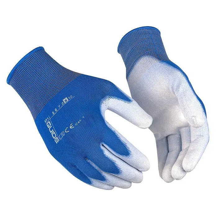 Guide Kinder-Gartenhandschuhe 531 - 5, Blau - Ein Paar blaue GUIDE-Arbeitshandschuhe mit weißer Handfläche, ideal für verschiedene Aufgaben, die Schutz und Griffigkeit erfordern.