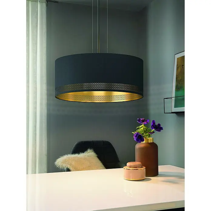 Eglo Esteperra Lámpara colgante redonda 3 portalámparas - 120 W, Ø x Al: 53 x 110 cm, Negro, Negro, E27 - Elegante lámpara colgante negra con detalles dorados, que añade un toque de lujo a cualquier habitación y proporciona una iluminación ambiental.