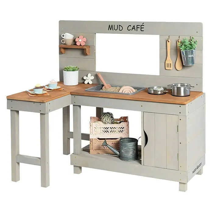 Muddy Buddy Matschküche Mud Café - 110 x 71,5 x 100 cm, Holz, Warmgrau - Hier ist eine schicke "Mud Café"-Spielküche mit allem Zubehör. Ideal für kleine Köche, die gerne im Freien spielen und kreativ sind.