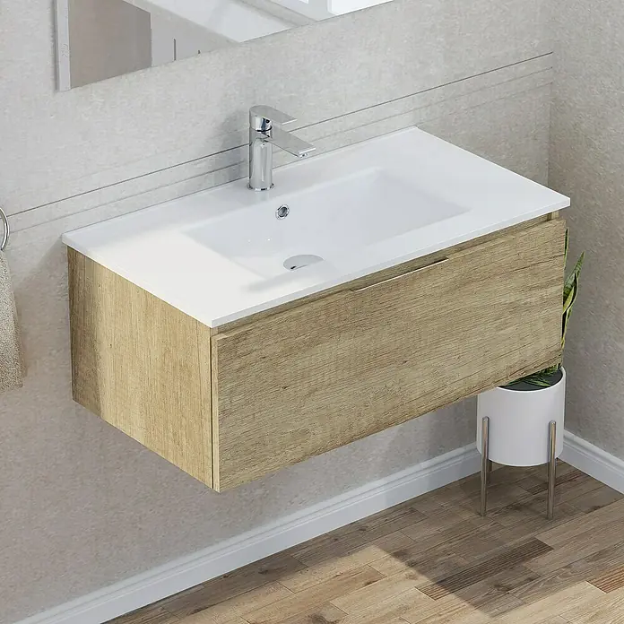 Artysan Mueble bajo de lavabo Plano - An x Pr x Al: 80 x 46 x 32 cm, Olmo - Moderno lavabo de baño con textura de madera y superficie blanca, ideal para baños contemporáneos.