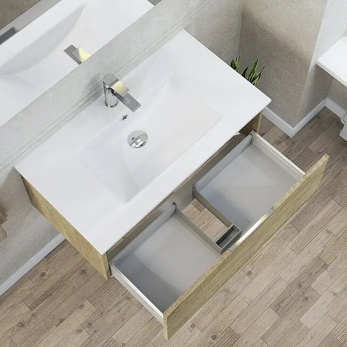 Artysan Mueble bajo de lavabo Plano - An x Pr x Al: 80 x 46 x 32 cm, Olmo - Un tocador moderno con cajones abiertos y un elegante lavabo blanco, perfecto para cualquier baño.