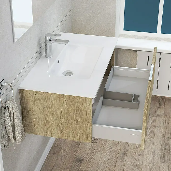 Artysan Mueble bajo de lavabo Plano - An x Pr x Al: 80 x 46 x 32 cm, Olmo - Un mueble de lavabo con cajón abierto, aspecto de madera y lavabo. Diseño moderno para el baño.
