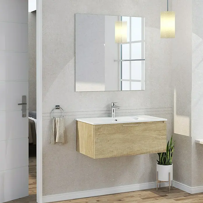 Artysan Mueble bajo de lavabo Plano - An x Pr x Al: 80 x 46 x 32 cm, Olmo - Un accesorio de baño moderno con tocador de madera, lavabo, espejo y toallero para un baño elegante.