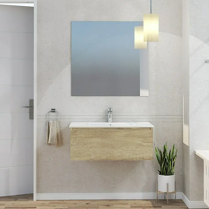 Artysan Mueble bajo de lavabo Plano - An x Pr x Al: 80 x 46 x 32 cm, Olmo - Mueble de baño con espejo y luces colgantes, combina funcionalidad con diseño moderno para una apariencia elegante.