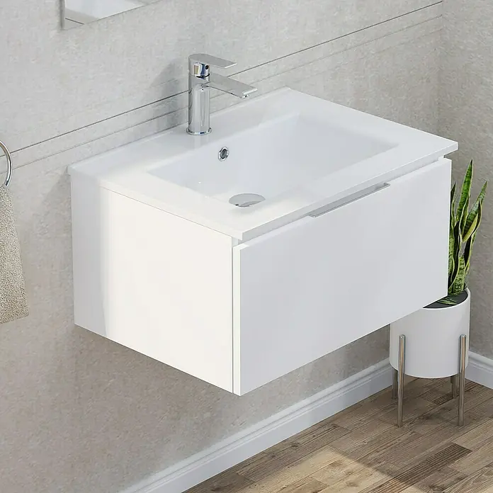 Artysan Mueble bajo de lavabo Plano - An x Pr x Al: 60 x 46 x 32 cm, Blanco - Lavabo de pared con armario blanco y grifo moderno, ideal para un baño elegante.
