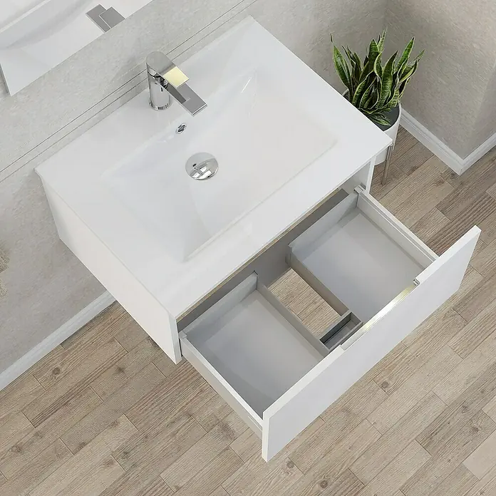 Artysan Mueble bajo de lavabo Plano - An x Pr x Al: 60 x 46 x 32 cm, Blanco - Imagen de un mueble de baño blanco con lavabo y cajón abierto, destacando su diseño minimalista y funcionalidad.