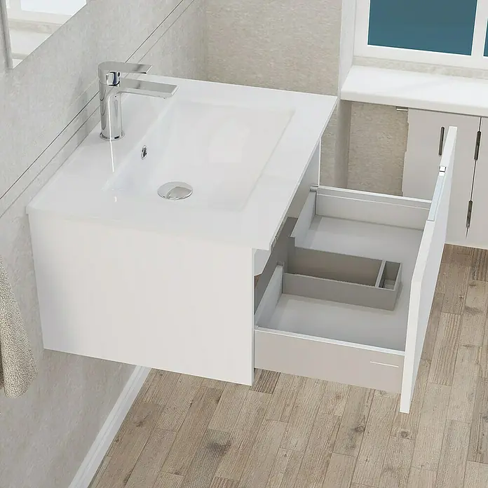 Artysan Mueble bajo de lavabo Plano - An x Pr x Al: 60 x 46 x 32 cm, Blanco - Un mueble de baño blanco con un cajón abierto, ideal para guardar los elementos esenciales del baño y para añadir un toque elegante a la decoración.