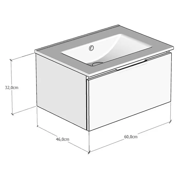Artysan Mueble bajo de lavabo Plano - An x Pr x Al: 60 x 46 x 32 cm, Olmo - Dibujo esquemático de un mueble de lavabo con lavabo y dimensiones (32,0 cm, 46,0 cm, 60,0 cm).