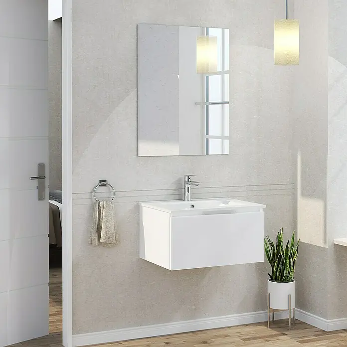 Artysan Mueble bajo de lavabo Plano - An x Pr x Al: 60 x 46 x 32 cm, Blanco - Baño moderno con lavabo flotante blanco, espejo y lámpara colgante, creando un diseño elegante y contemporáneo.