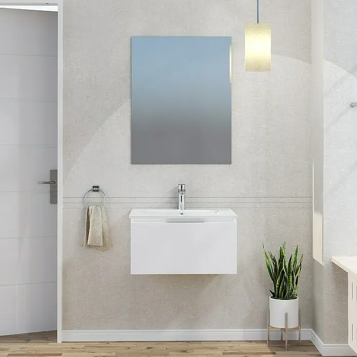 Artysan Mueble bajo de lavabo Plano - An x Pr x Al: 60 x 46 x 32 cm, Blanco - Imagen de un baño moderno con un tocador flotante blanco, un espejo elegante y una lámpara colgante, creando un espacio elegante y sereno.