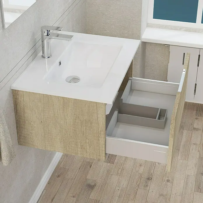 Artysan Mueble bajo de lavabo Plano - An x Pr x Al: 60 x 46 x 32 cm, Olmo - Un mueble de lavabo con una encimera blanca y una estructura de madera, situado en un moderno ambiente de baño.