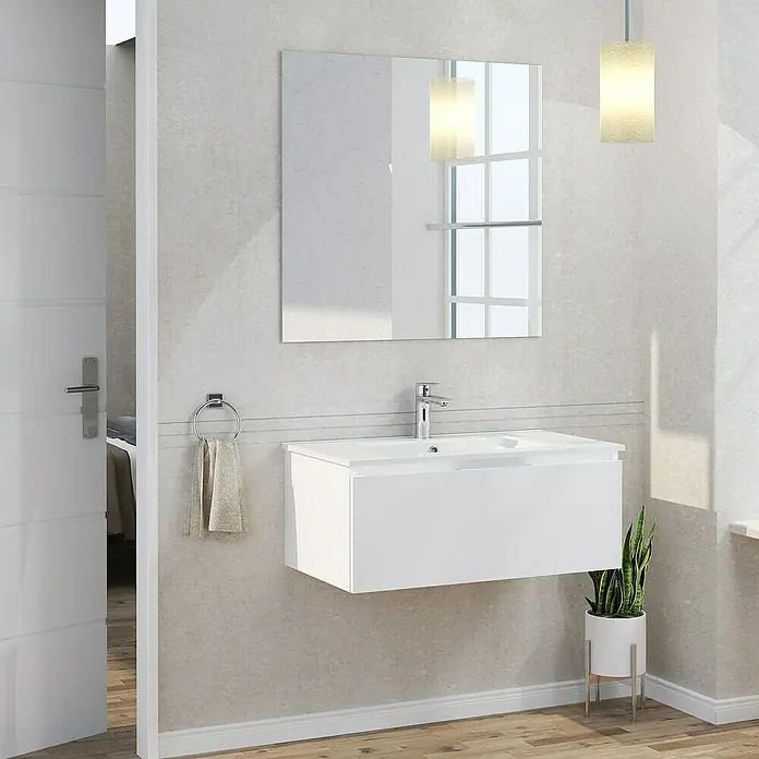 Artysan Mueble bajo de lavabo Plano - An x Pr x Al: 80 x 46 x 32 cm, Blanco - Un baño moderno con un tocador flotante blanco y un espejo rectangular. Una iluminación elegante y un suelo de madera completan el aspecto.