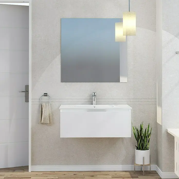 Artysan Mueble bajo de lavabo Plano - An x Pr x Al: 80 x 46 x 32 cm, Blanco - Un primer plano de un baño con un tocador flotante blanco, un espejo y una lámpara colgante para una estética moderna.